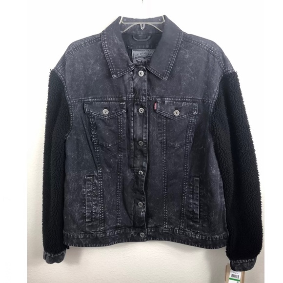 Levi’s Acid Washed Black Denim Trucker Jacket Lrg - Picture 3 of 12